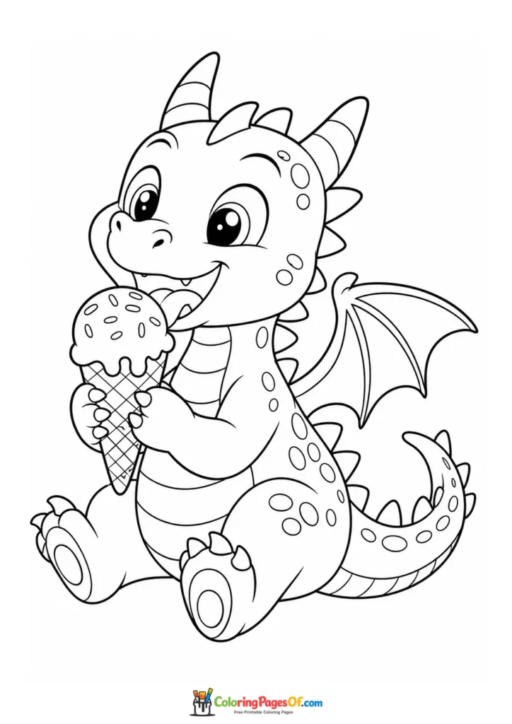 Funny Baby Dragon Holding an Ice Cream Cone coloring page