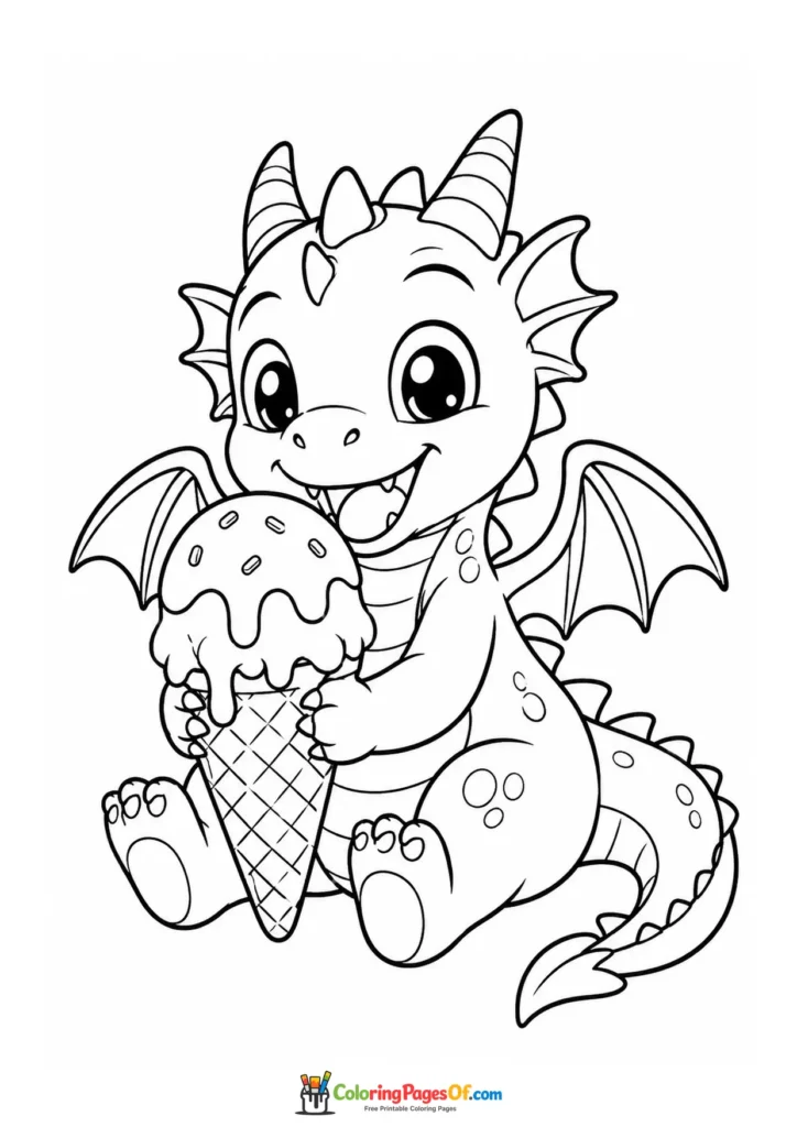 Funny Baby Dragon Hugging a Giant Ice Cream Cone coloring page