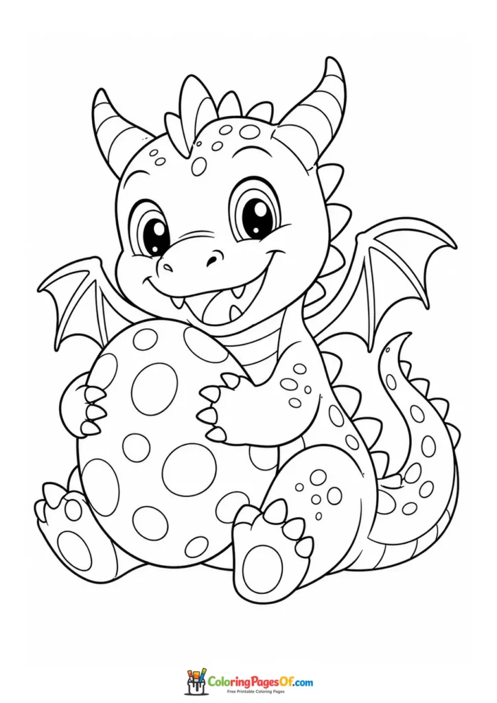 Funny Baby Dragon Hugging a Spotted Egg coloring page