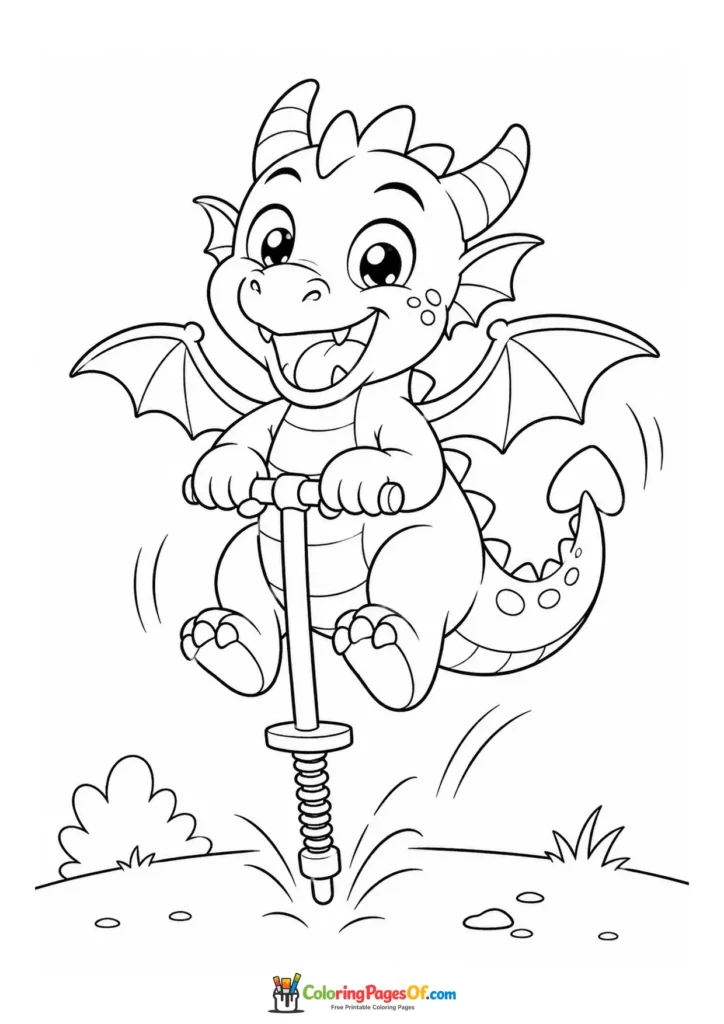 Funny Dragon Bouncing on a Pogo Stick coloring page