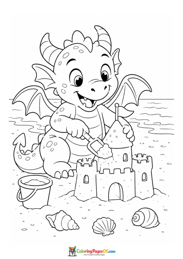 Funny Dragon Building a Sandcastle coloring page