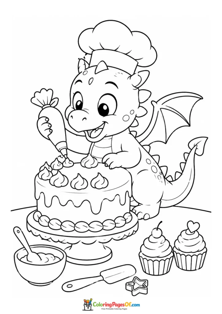 Funny Dragon Chef Decorating a Cake coloring page
