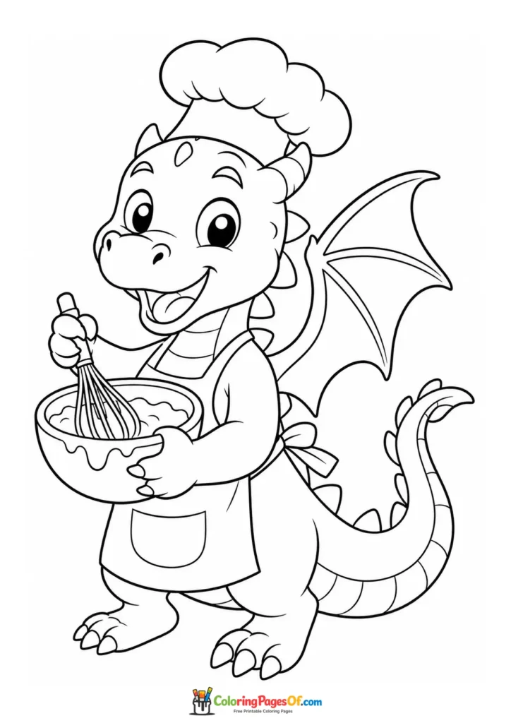 Funny Dragon Chef Mixing Batter coloring page