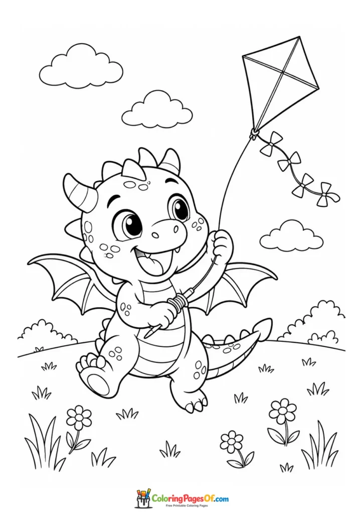 Funny Dragon Flying a Kite coloring page