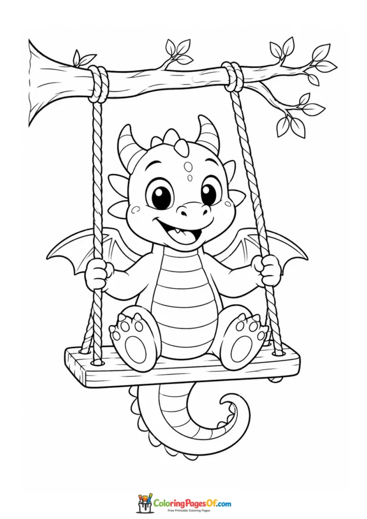 Funny Dragon on a Swing coloring page