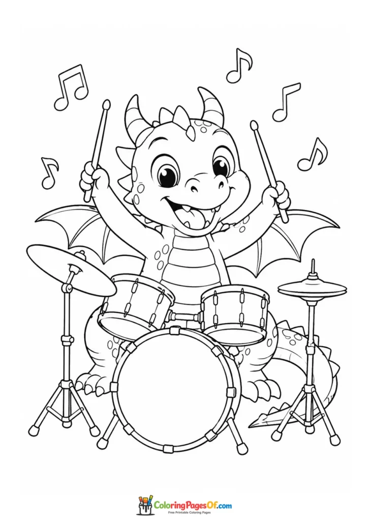 Funny Dragon Playing the Drums coloring page
