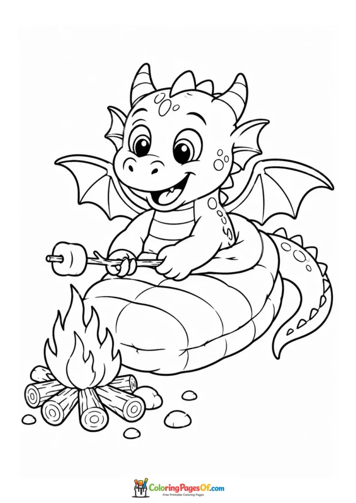 Funny Dragon Roasting a Marshmallow coloring page