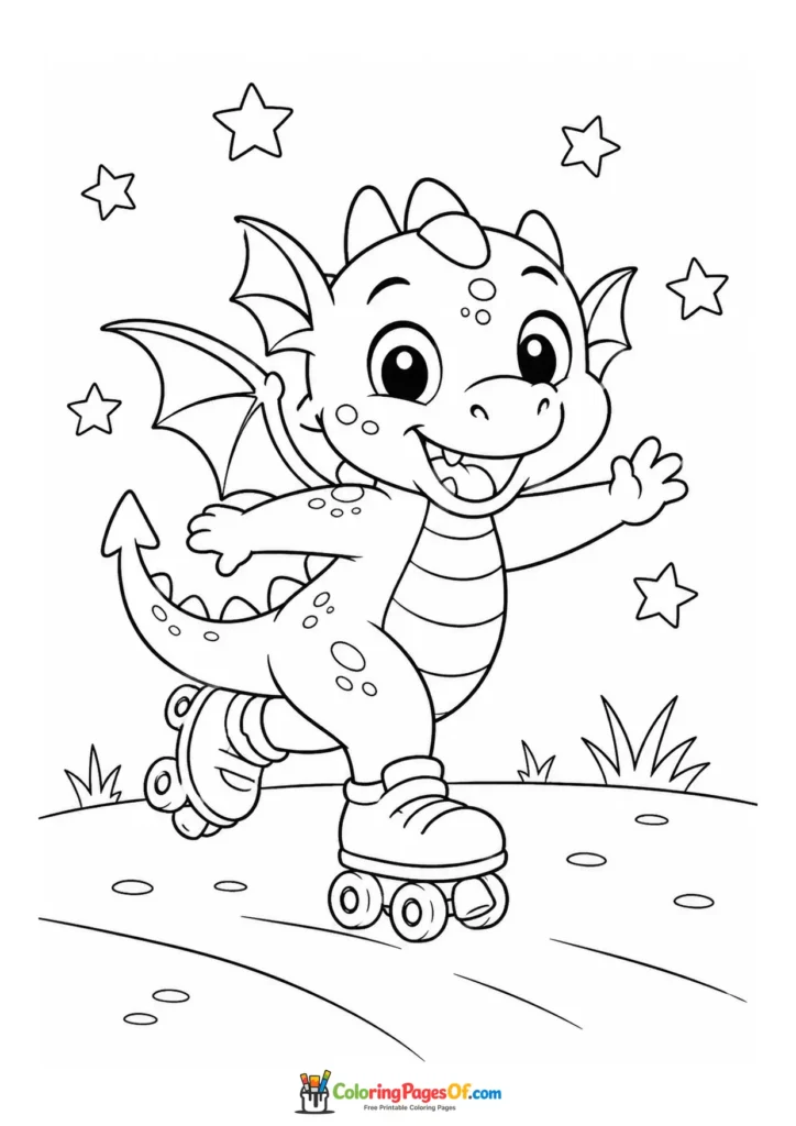 Funny Dragon Roller Skating coloring page