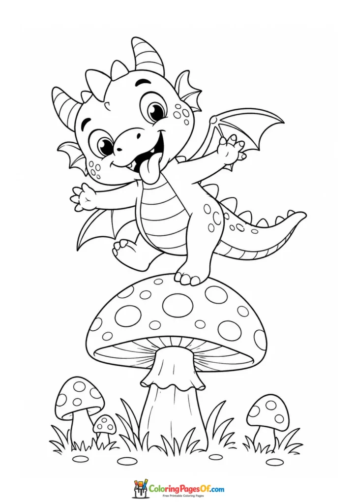Funny Dragon Standing on a Giant Mushroom coloring page