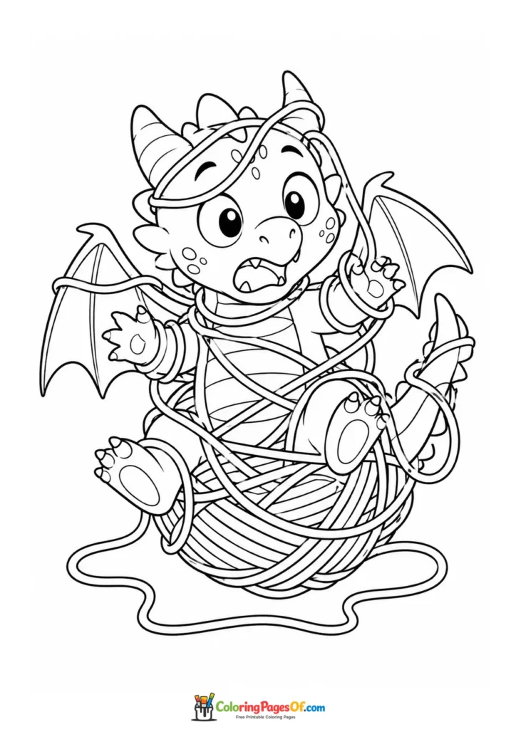 Funny Dragon Tangled in Yarn coloring page