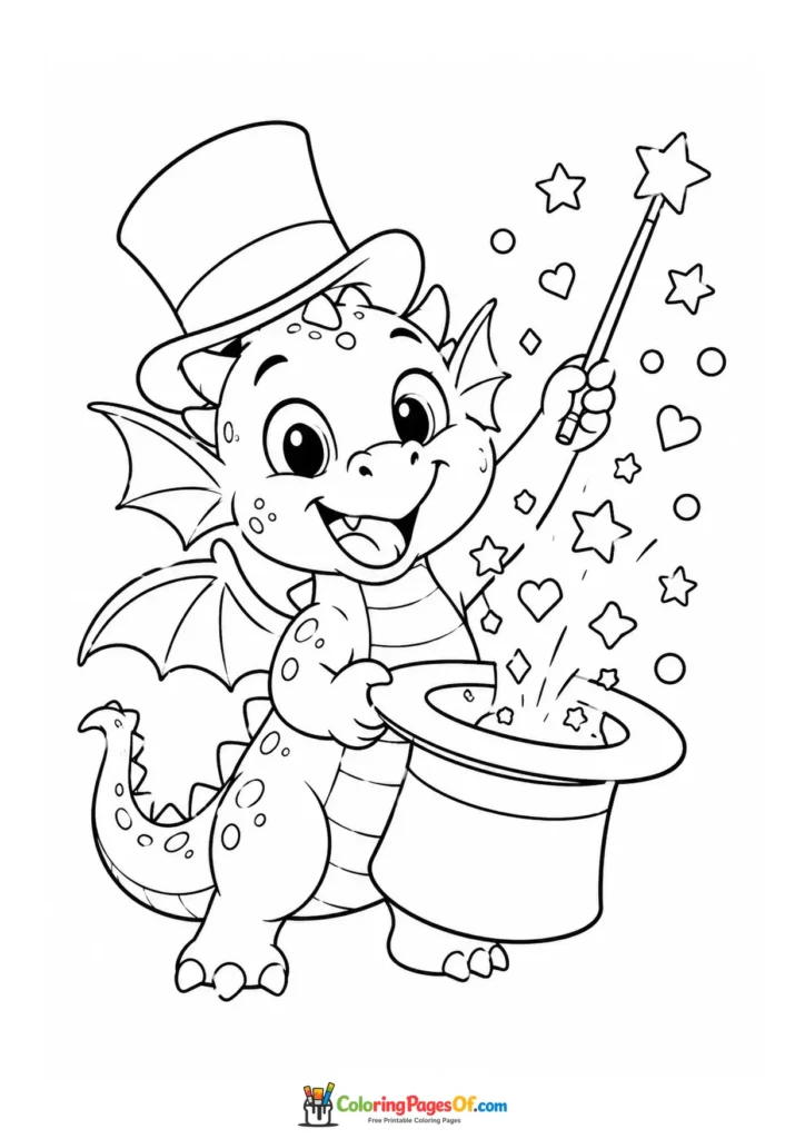 Funny Magician Dragon with a Top Hat coloring page