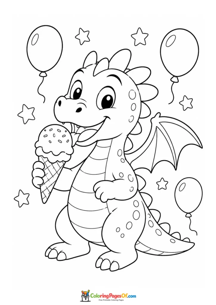 Funny Party Dragon with Ice Cream and Balloons coloring page