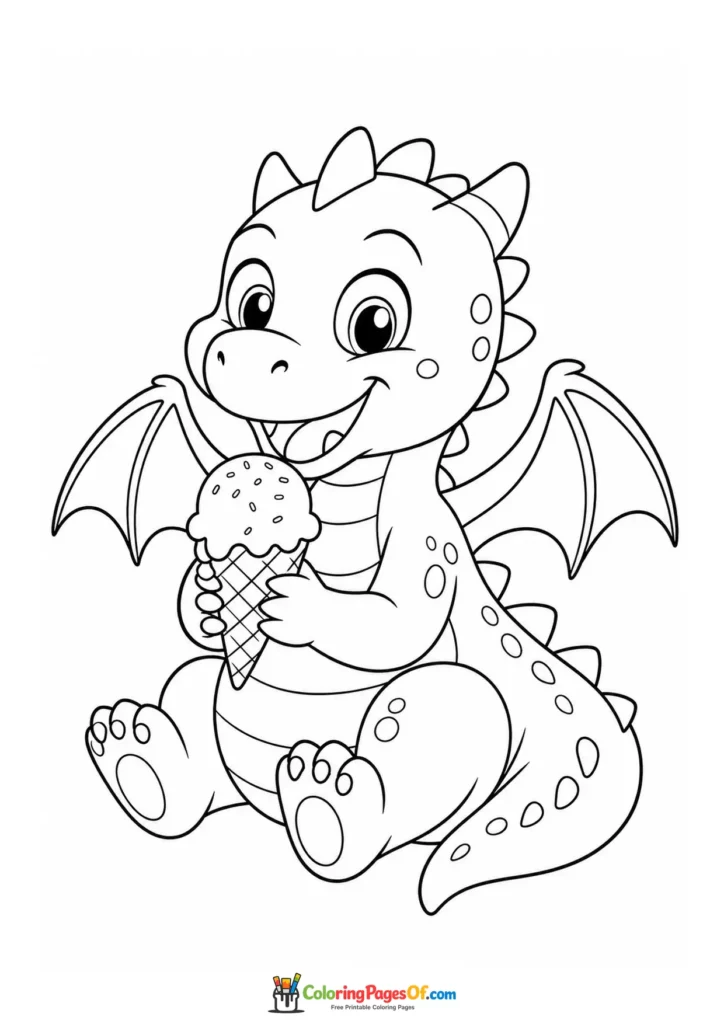 Funny Sitting Dragon Eating Ice Cream coloring page