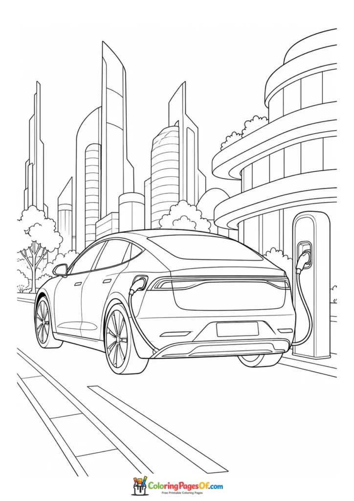 Futuristic electric car at a charging station printable coloring sheet