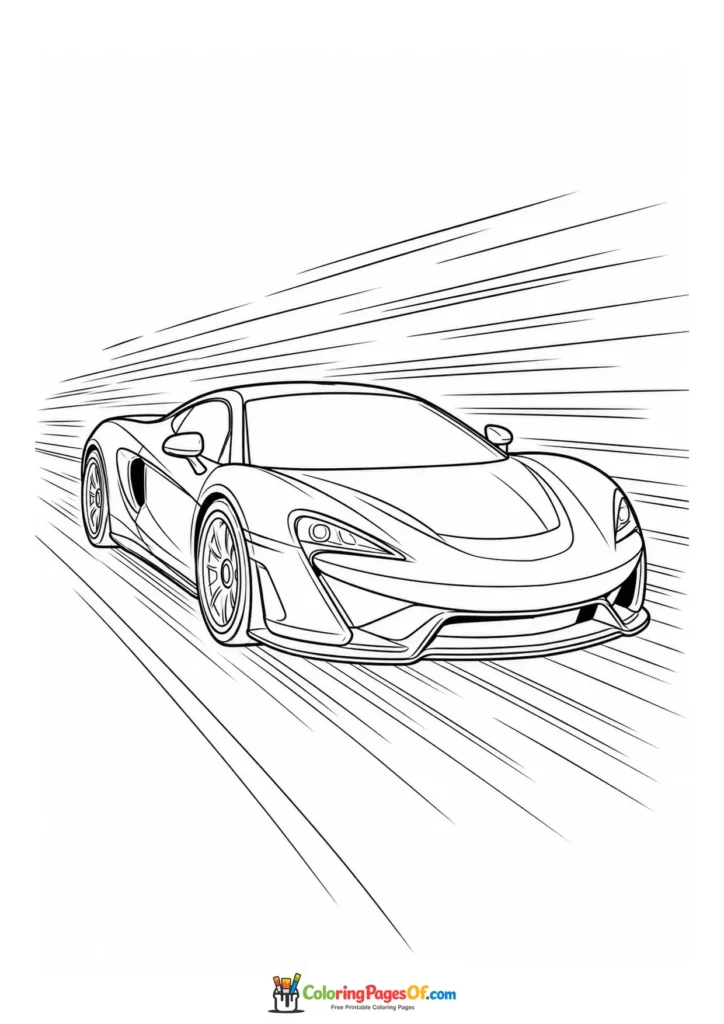 Black and white futuristic supercar with speed lines coloring page