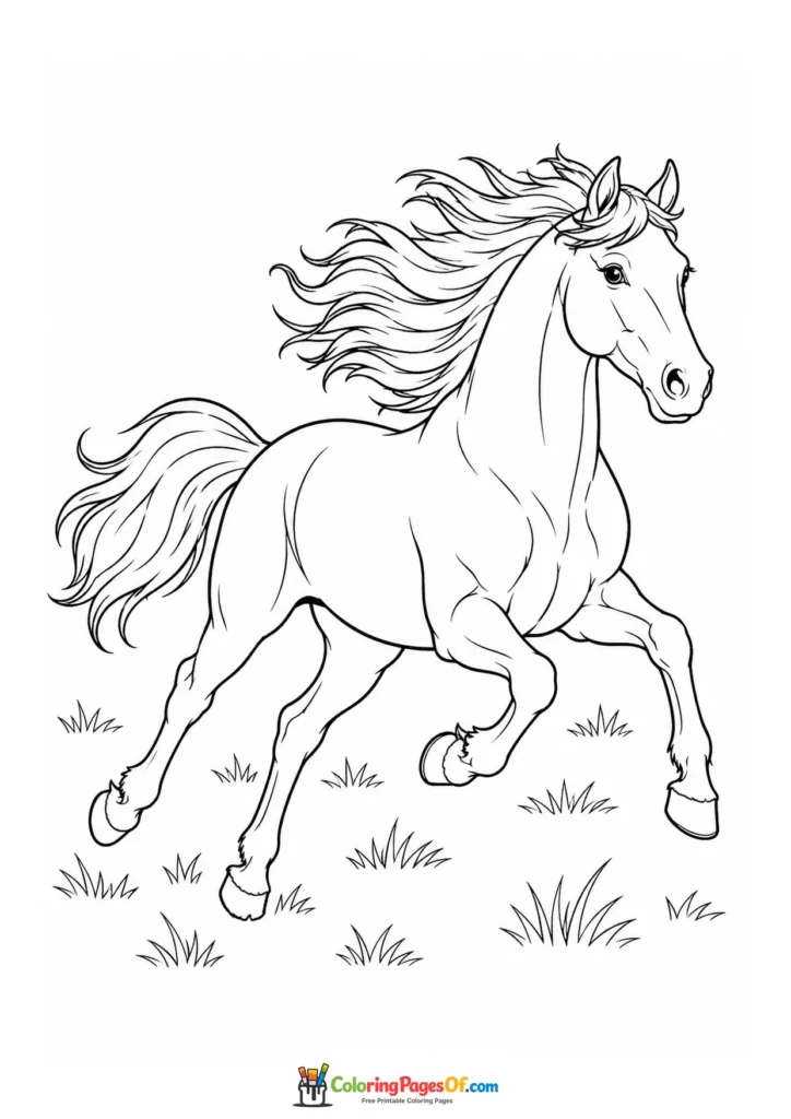 Galloping horse across an open meadow coloring page