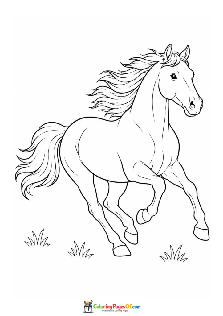 Galloping horse in a pasture coloring page