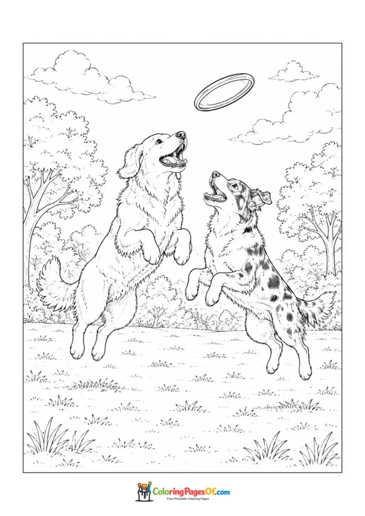 Golden retriever and Dalmatian jumping for a frisbee coloring page