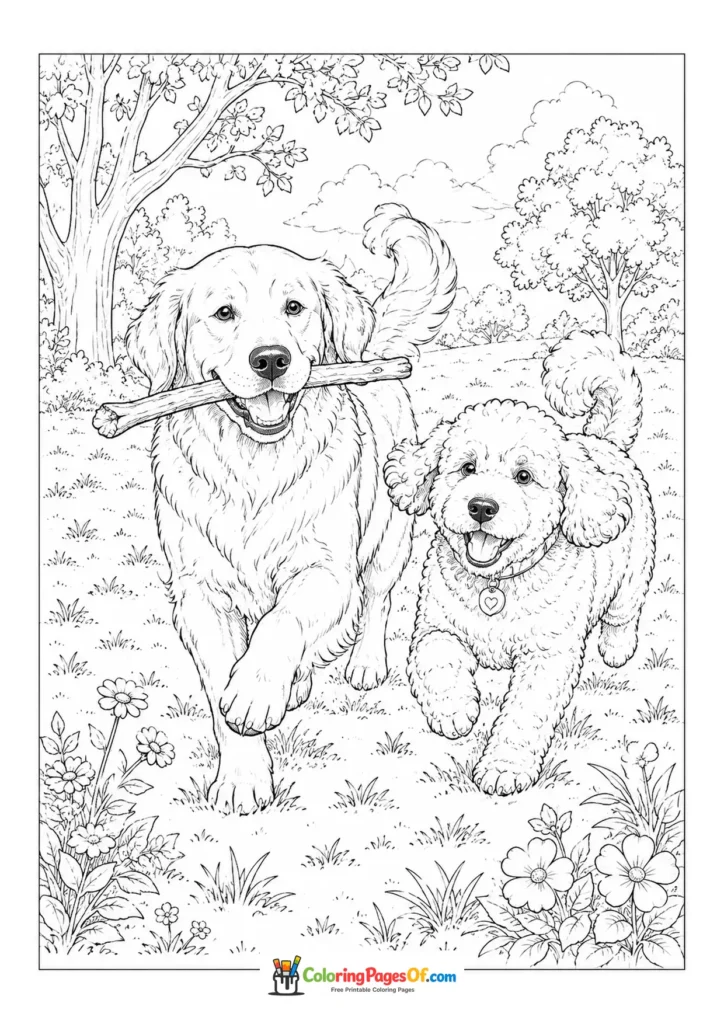 Golden retriever and another dog running with a stick coloring page