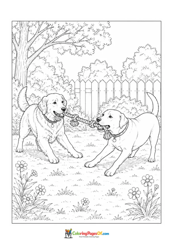Golden retriever and Labrador playing tug of war coloring page