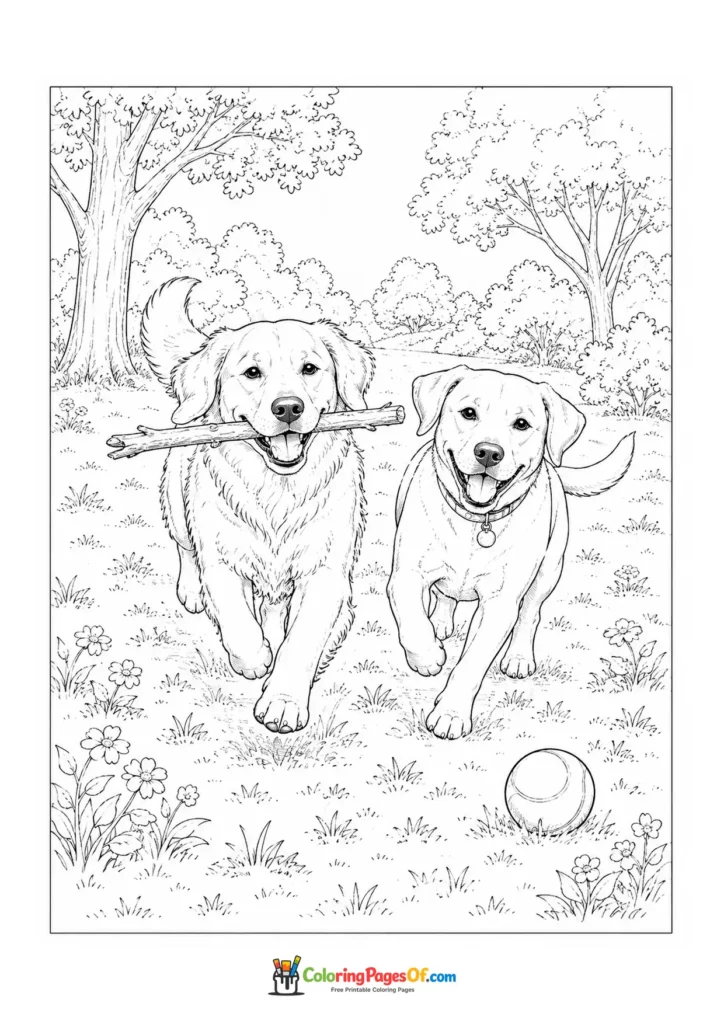 Golden retriever and Labrador running in a park coloring page