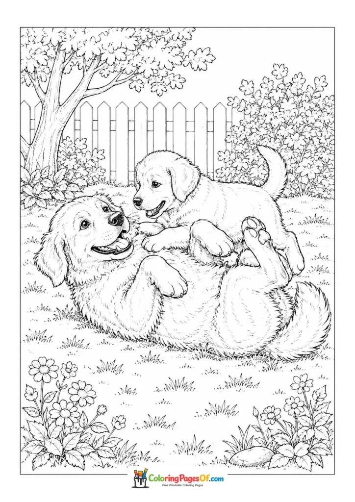 Golden retriever and puppy play wrestling coloring page