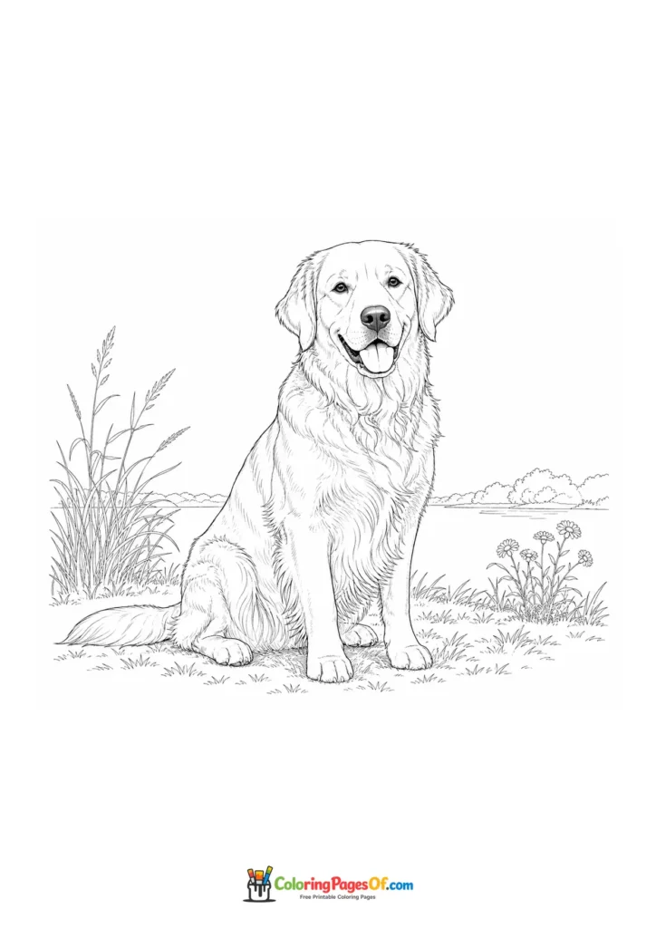 Golden retriever by a lake coloring page