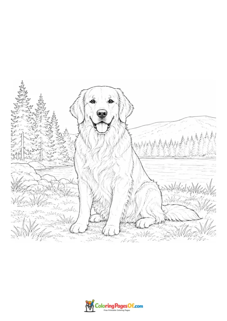 Golden retriever by a forest lake coloring page