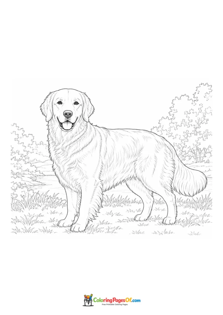 Golden retriever in a park coloring page