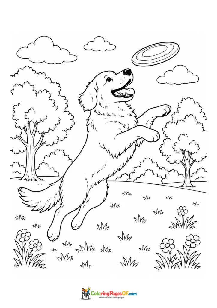 Golden retriever jumping for a frisbee in a meadow coloring page