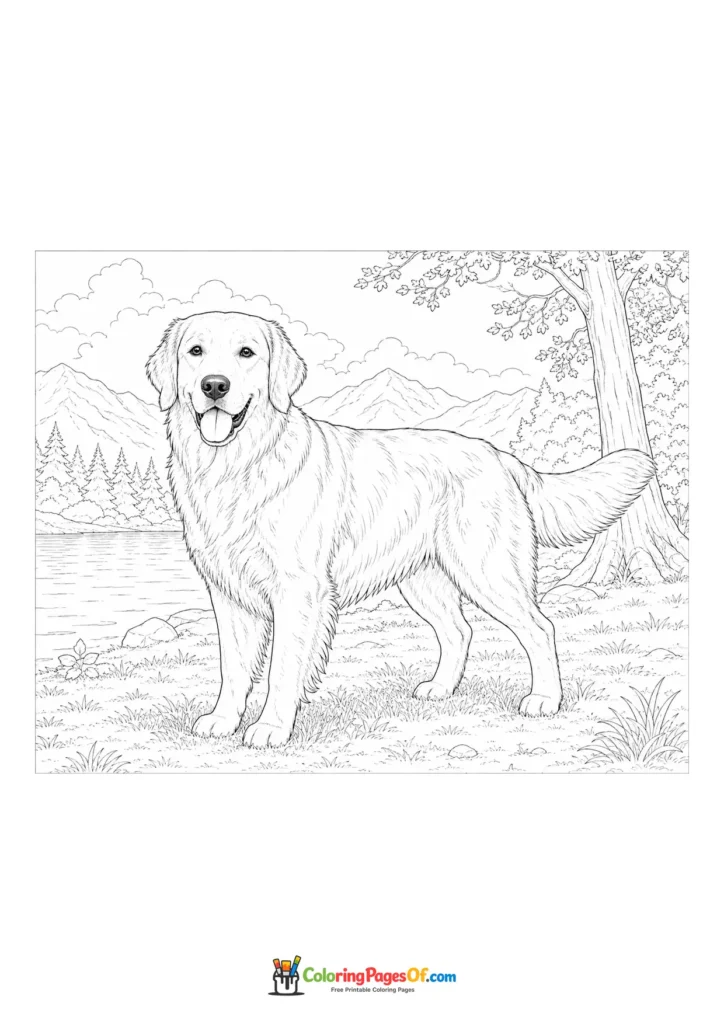 Golden retriever with a lake and mountains coloring page
