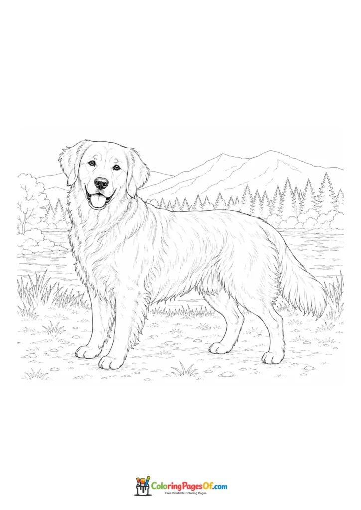 Golden retriever in a mountain landscape coloring page