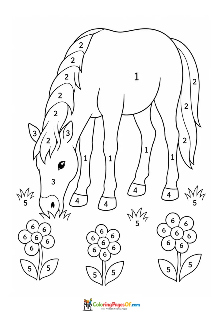 Grazing horse and flowers color by number