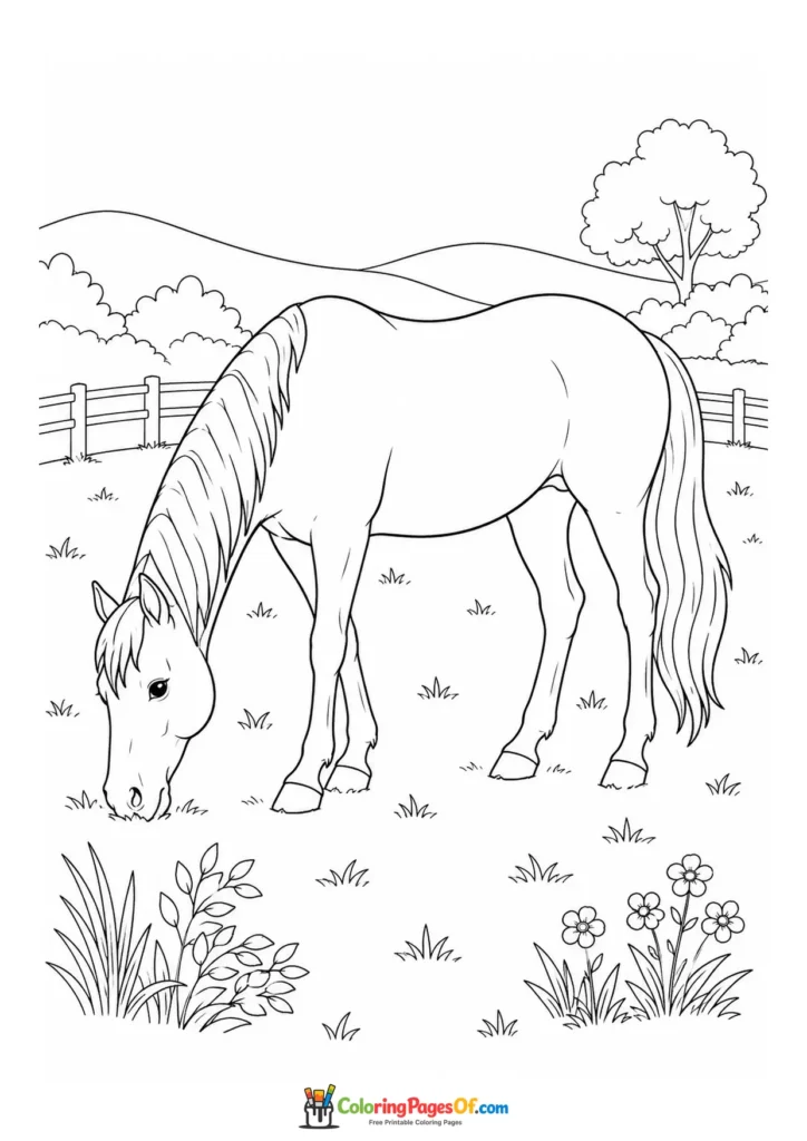 Grazing horse in a meadow coloring page