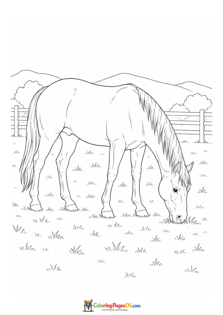 Grazing horse in a paddock coloring page