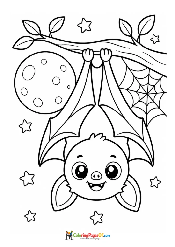 Cute bat hanging upside down from a branch beside the moon, stars and a spider web