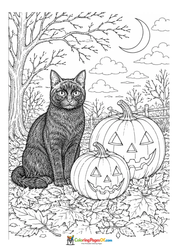 Black cat sitting beside two carved pumpkins in an autumn forest