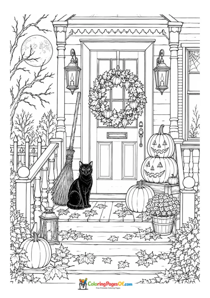Black cat sitting on an autumn porch before a decorated front door and pumpkins