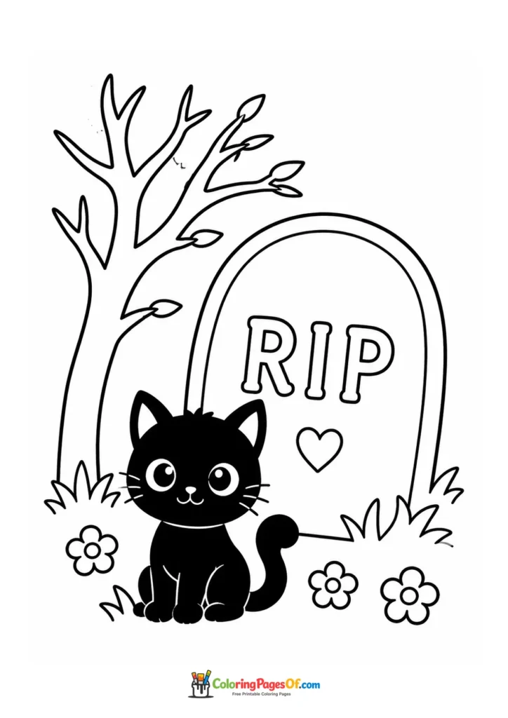 Cute black cat sitting beside an RIP gravestone, tree and flowers