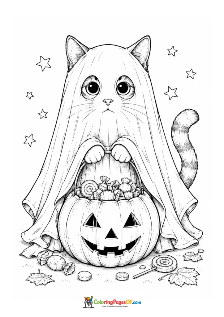 Cat dressed in a white ghost costume holding a pumpkin trick-or-treat bucket