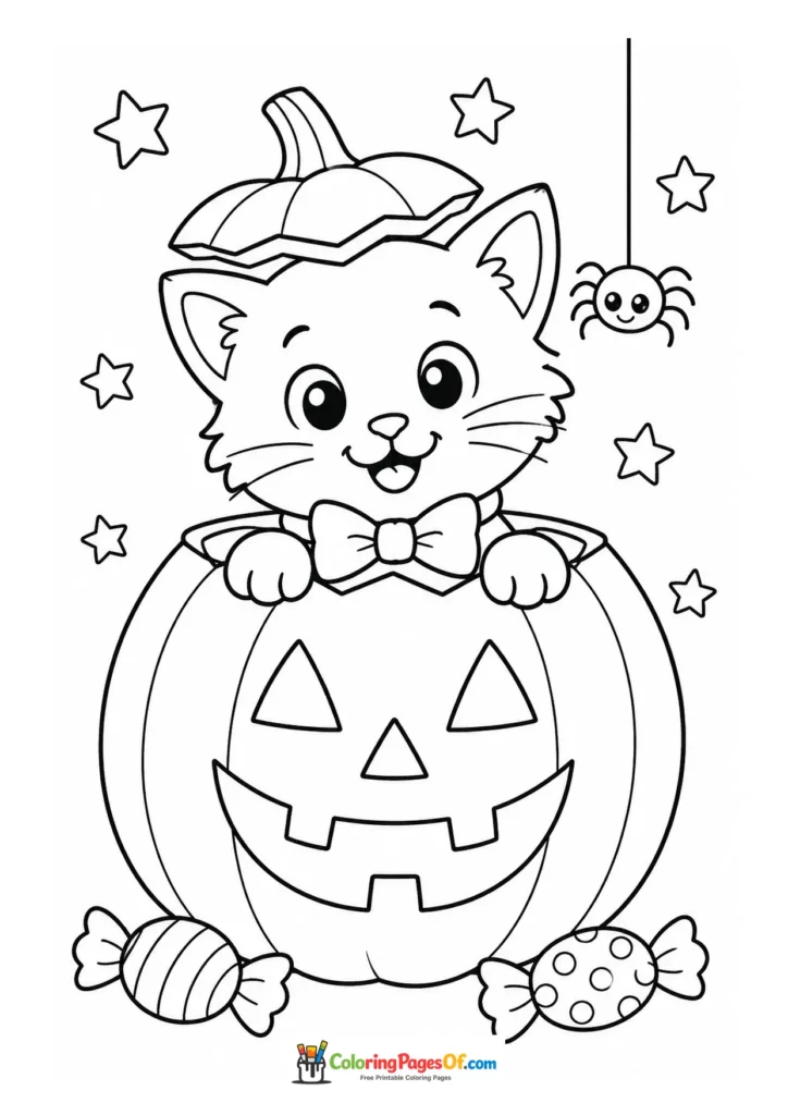 Cute cat peeking from a jack-o'-lantern with a pumpkin hat, candy and a spider