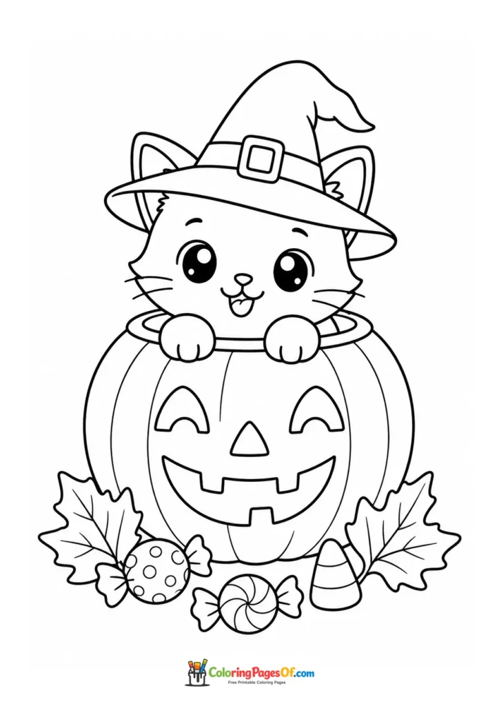 Cute cat peeking from a carved pumpkin while wearing a witch hat