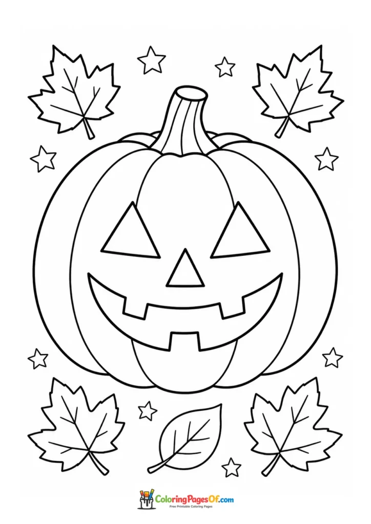 Classic carved jack-o’-lantern surrounded by autumn leaves and stars