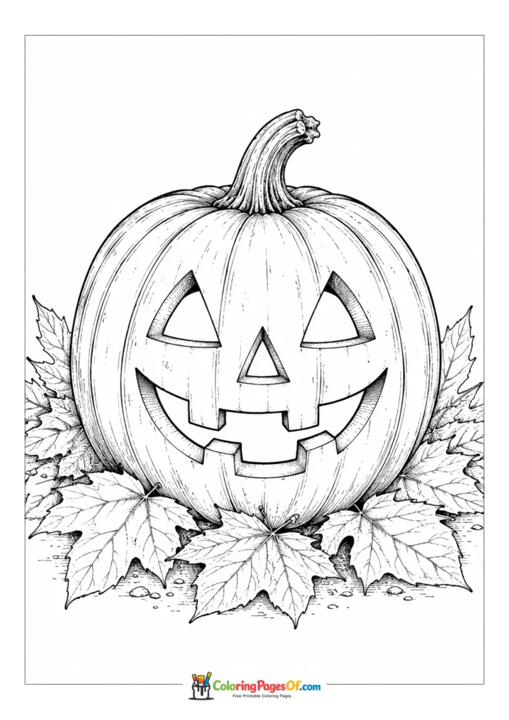 Classic carved jack-o'-lantern resting among autumn leaves