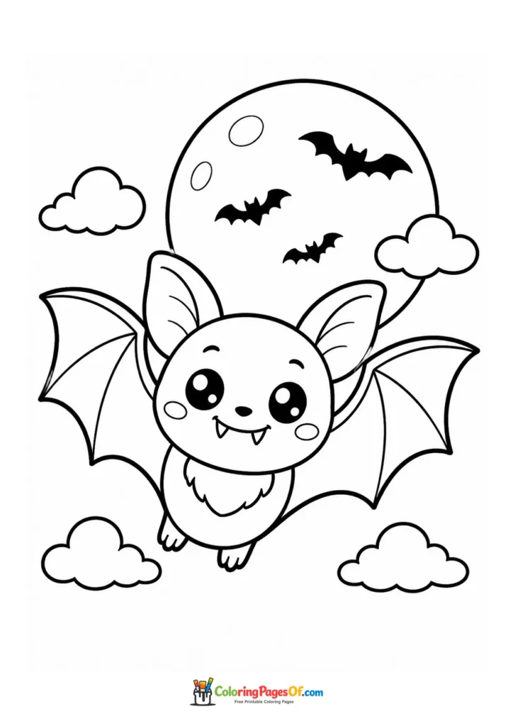 Cute bat flying among clouds and other bats in front of a large moon
