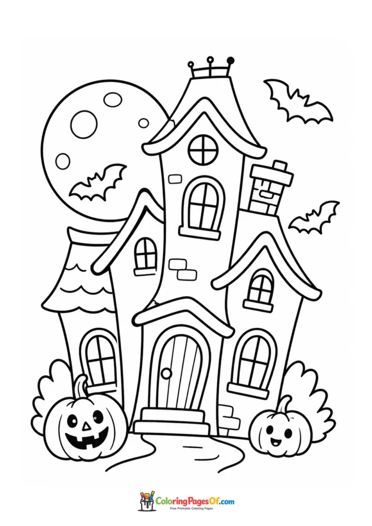 Crooked haunted house beneath the moon and bats with two jack-o’-lanterns