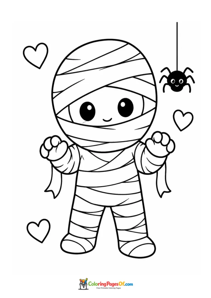 Cute mummy raising its hands beside a small spider and hearts