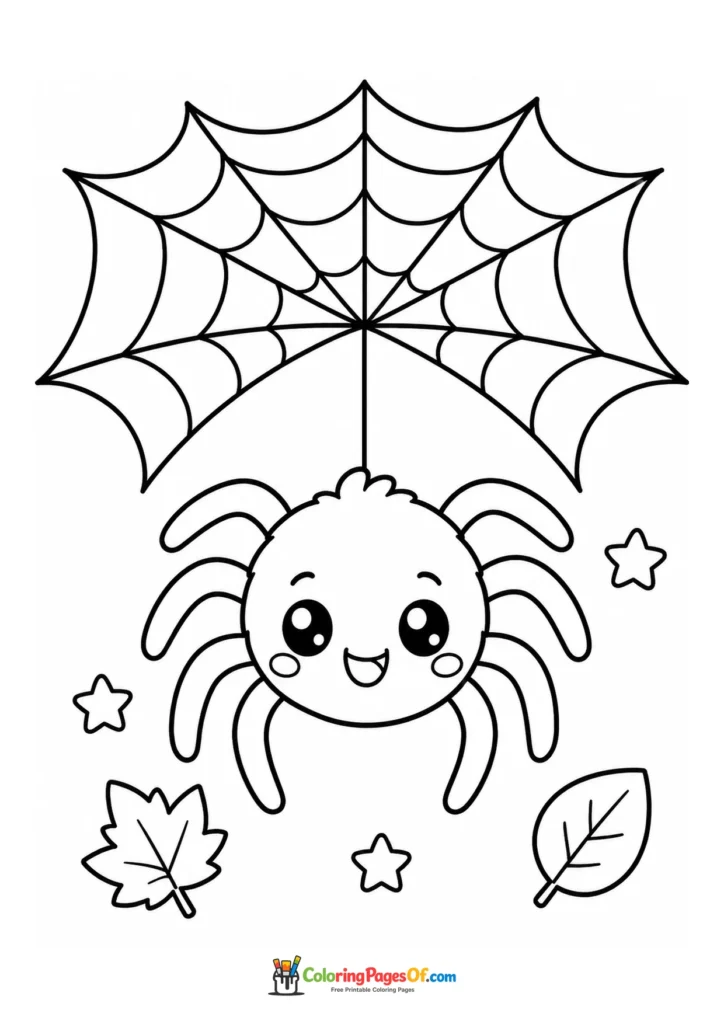 Cute spider hanging beneath a large spider web among leaves and stars