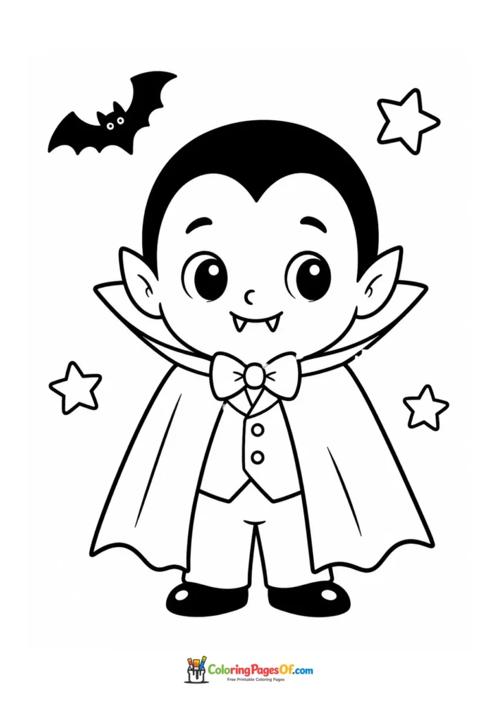 Cute little vampire in a cape among a bat and stars