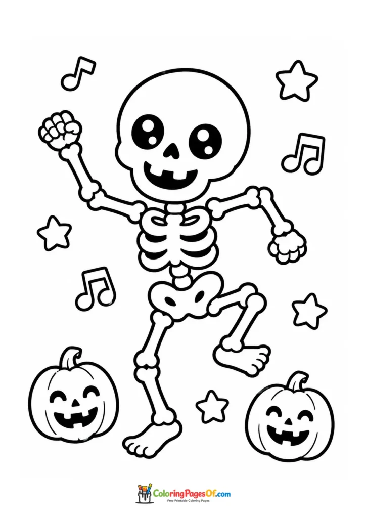 Happy skeleton dancing among music notes, stars and two pumpkins